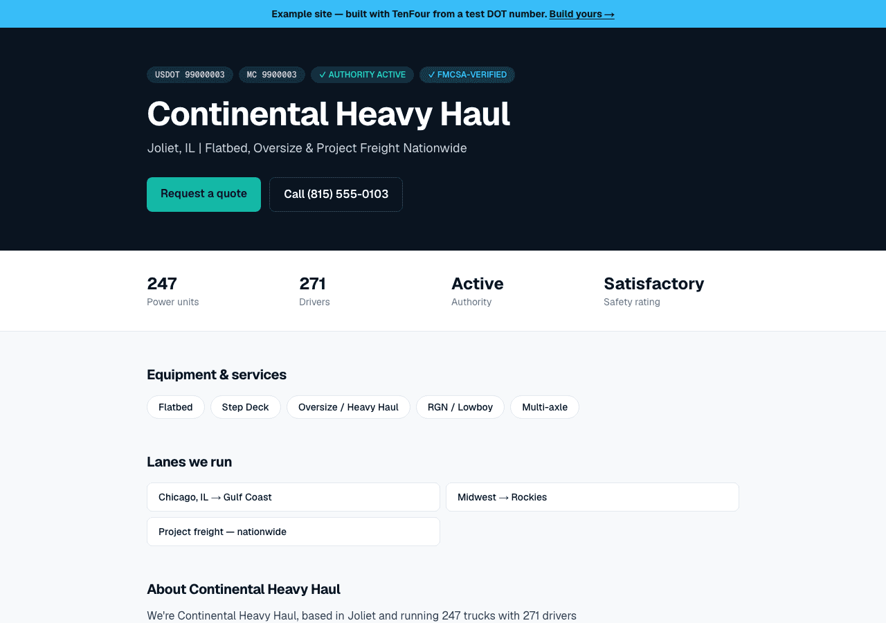 Continental Heavy Haul — an example TenFourHQ carrier site